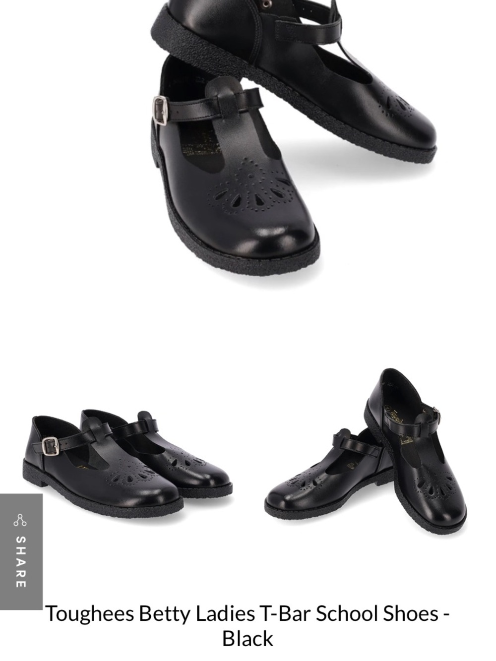 Vintage Toughees Betty T-Bar School Shoes - Black Leather Rubber Soles Size UK6